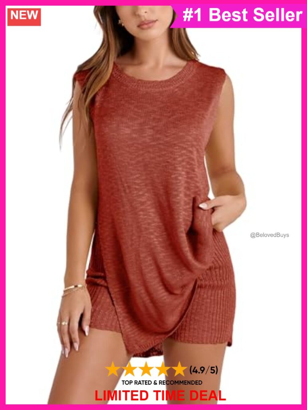 Knit Sweater Set Sleeveless Tunic Top and Matching Shorts 2 Piece Loungewear